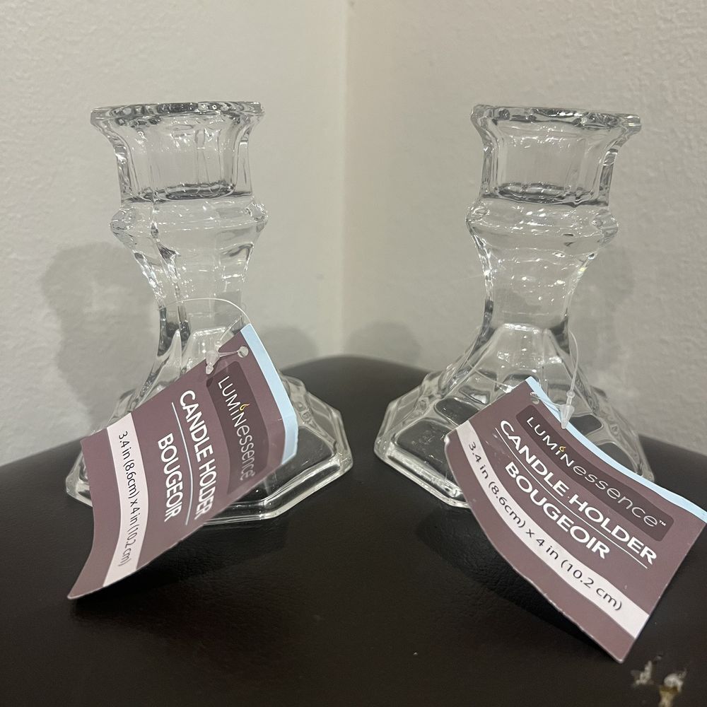 Set of 2 Glass Crystal Decorative Candlestick Holders Hol Porta Vela Candle 4" T